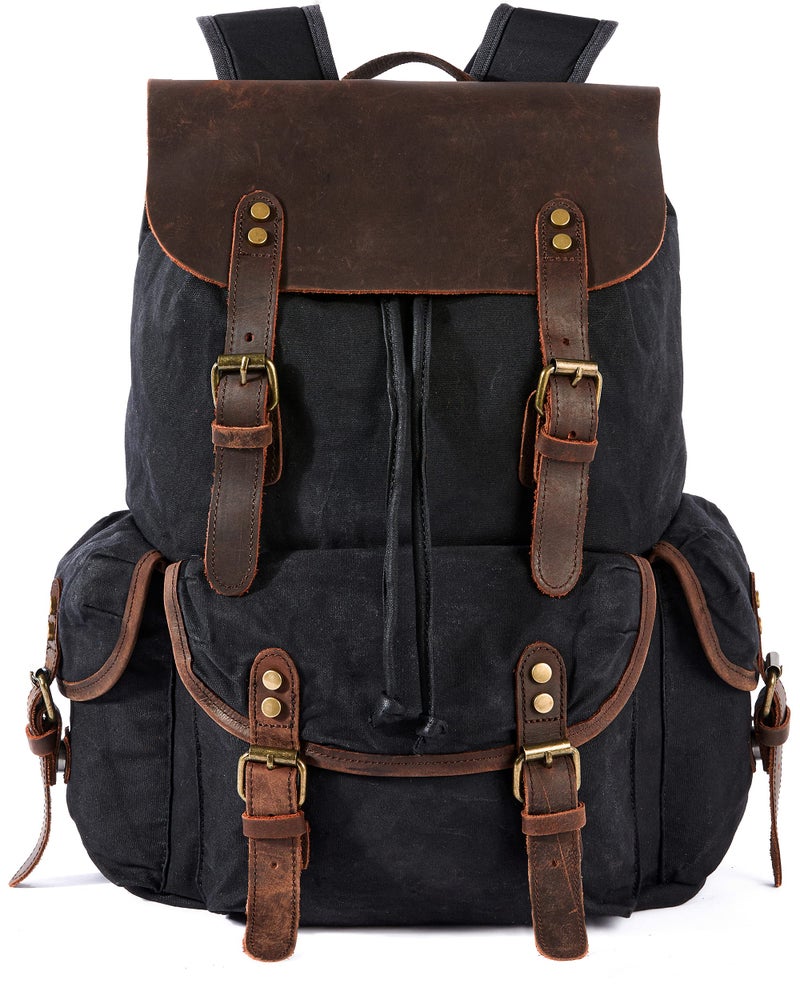 HuaChen Vintage Waxed Canvas Backpack with Genuine Leather Flap, Travel & Work Rucksack, Water-Resistant Daypack with Anti-Theft Pocket, Large/X-Large (15.6/17.3" Laptop), M80 Black - Image 1
